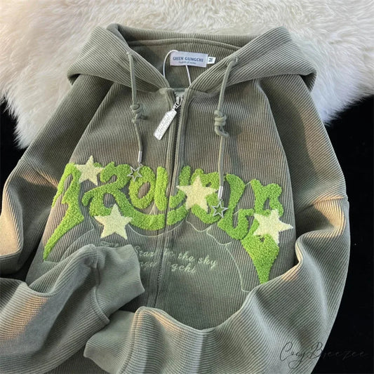 Classic Goth Corduroy Zip-Up Hoodie Green / M(40-50KG) hoodies-241228