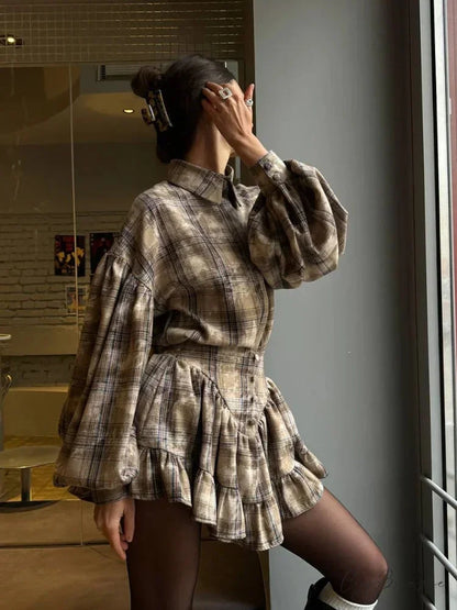 Classic Lapel Loose Bishop Sleeve Blouse apricot / S blouse-250223
