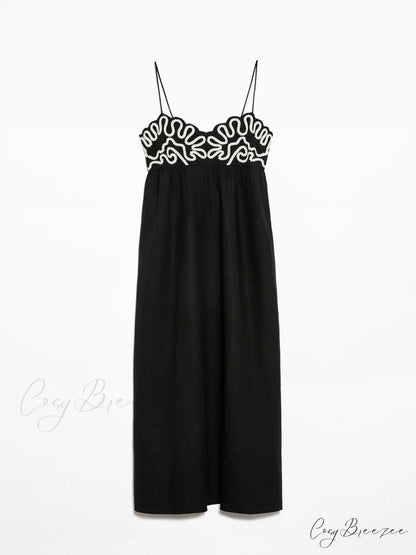 Classic Linen Floral Charming Patchwork Suspender Midi Dress