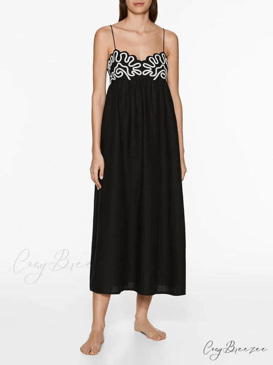 Classic Linen Floral Charming Patchwork Suspender Midi Dress Black / S