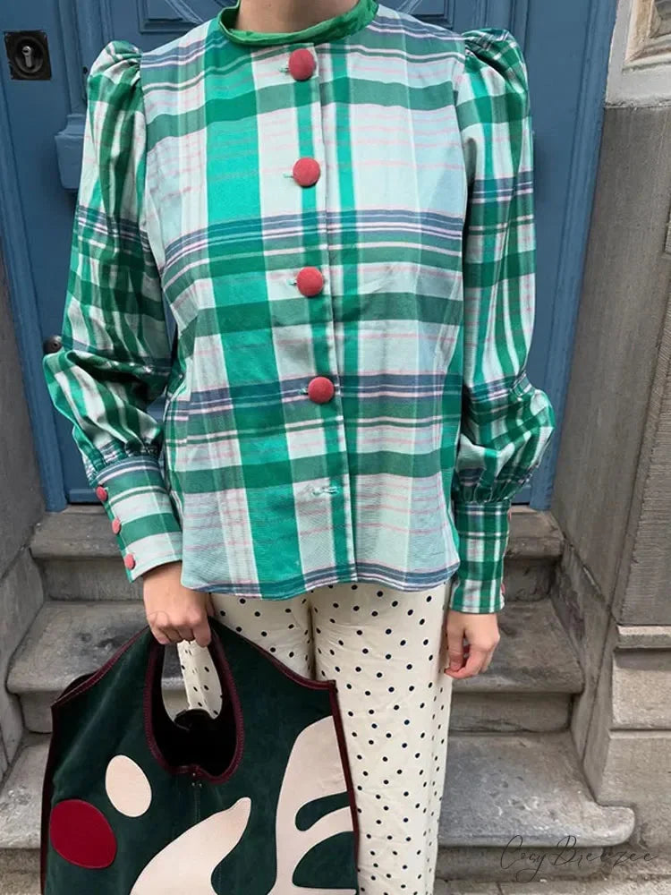 Classic Plaid Contrasting O Neck Blouse blouse-250223