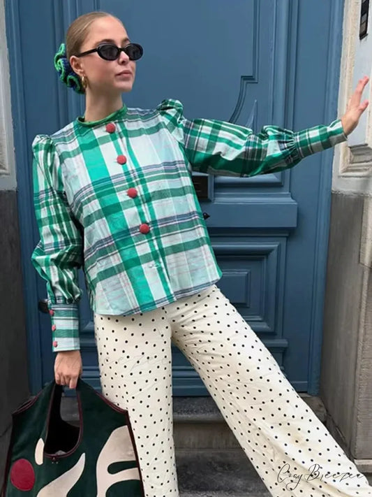 Classic Plaid Contrasting O Neck Blouse blouse-250223