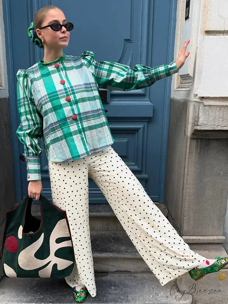 Classic Plaid Contrasting O Neck Blouse Green / S blouse-250223
