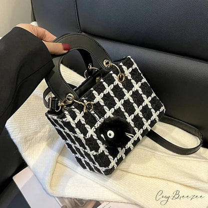 Classic Plaid Woolen Luxury Designer Crossbody Clutch Black with pendant / 15X19X9cm handbag-250126