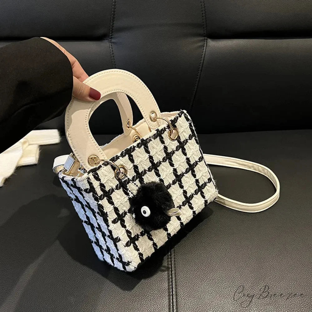 Classic Plaid Woolen Luxury Designer Crossbody Clutch White with pendant / 15X19X9cm handbag-250126