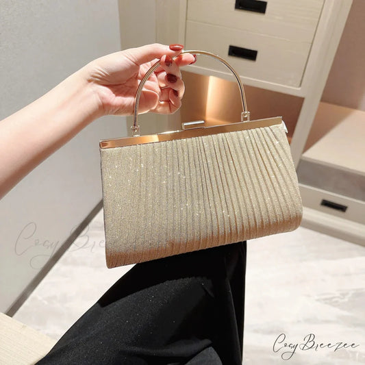 Classic Pleated Evening Bag Sparkling Party Prom Handbag Dress Purse Champagne / (20cm clutchbag-250126