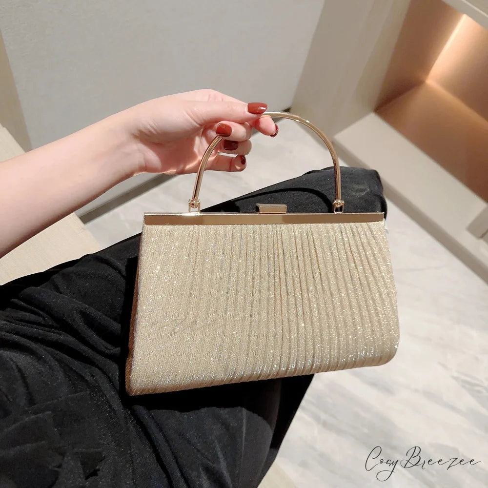 Classic Pleated Evening Bag Sparkling Party Prom Handbag Dress Purse clutchbag-250126