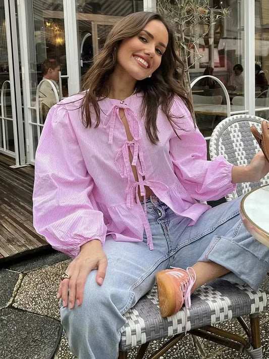 Classic Puff Sleeve Bow Button Blouse blouse-250223