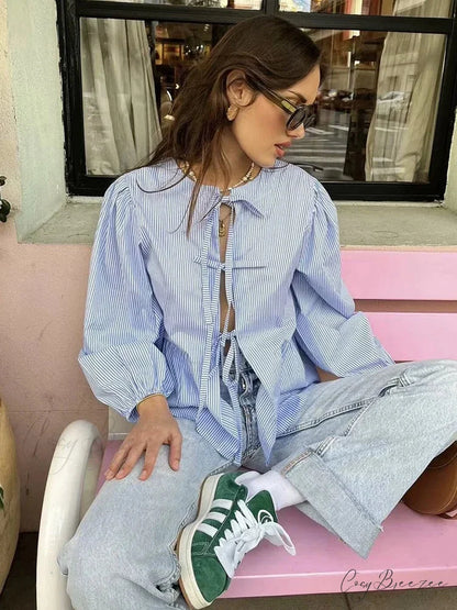 Classic Puff Sleeve Bow Button Blouse BLUE / S blouse-250223