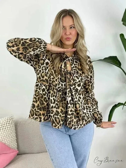 Classic Puff Sleeve Bow Button Blouse LEOPARD / S blouse-250223