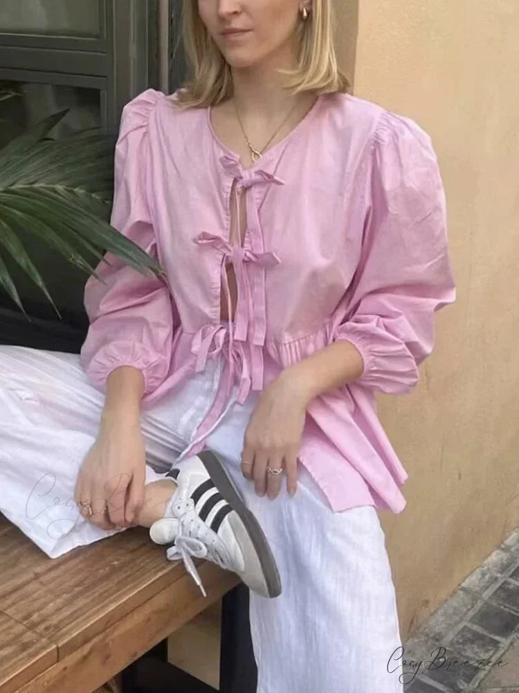 Classic Puff Sleeve Bow Button Blouse Pink / S blouse-250223