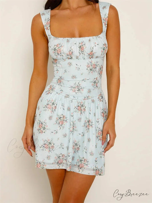 Classic Ruched Floral Mini Dress Blue / S minidress-250223