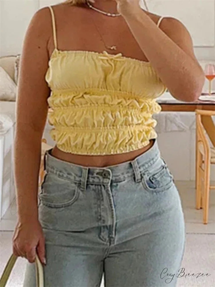 Classic Ruched Solid Bow Slim Crop Top croptop-250126