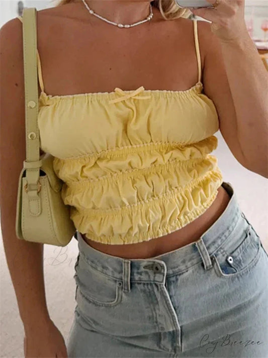 Classic Ruched Solid Bow Slim Crop Top YELLOW / S croptop-250126
