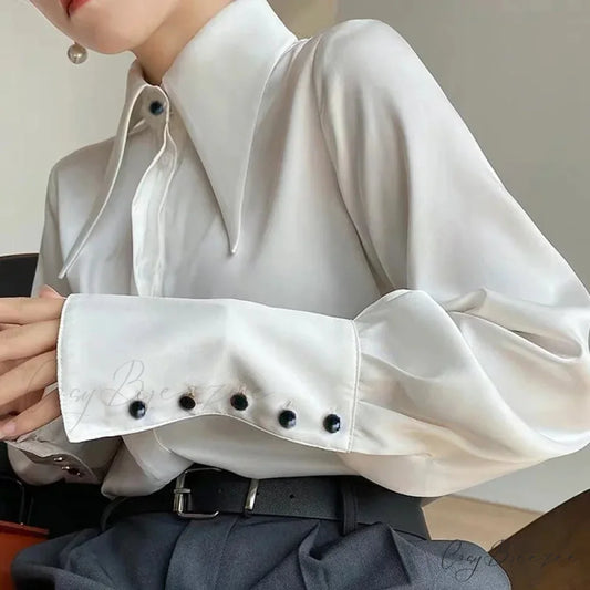 Classic Satin Silk Turn Down Collar Blouse blouse-250223