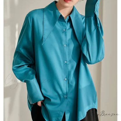 Classic Satin Silk Turn Down Collar Blouse Blue / S blouse-250223