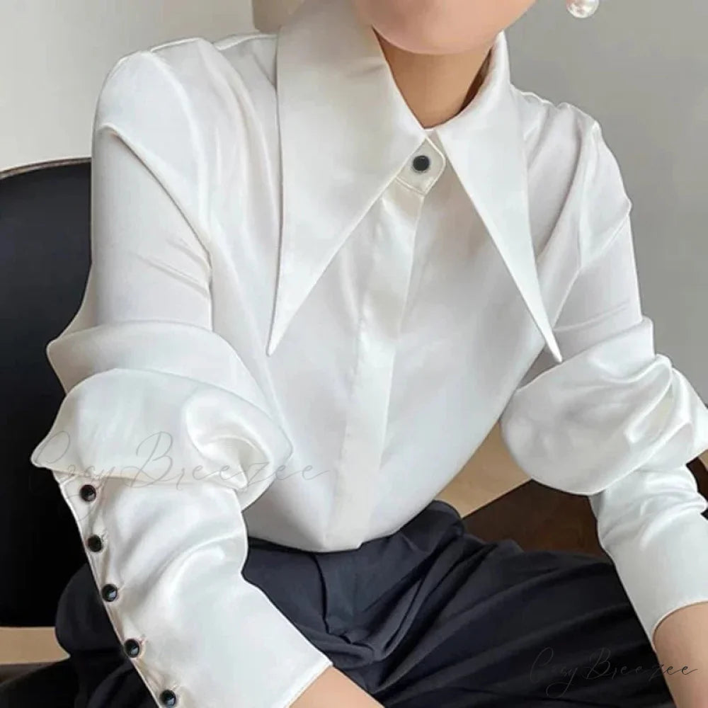 Classic Satin Silk Turn Down Collar Blouse WHITE / S blouse-250223