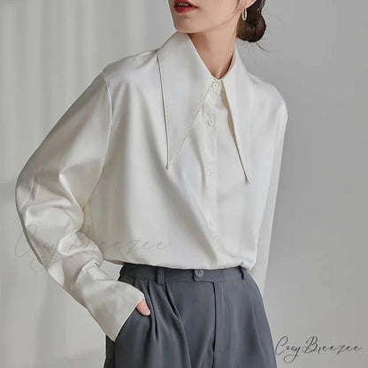 Classic Satin Silk Turn Down Collar Blouse White1 / S blouse-250223