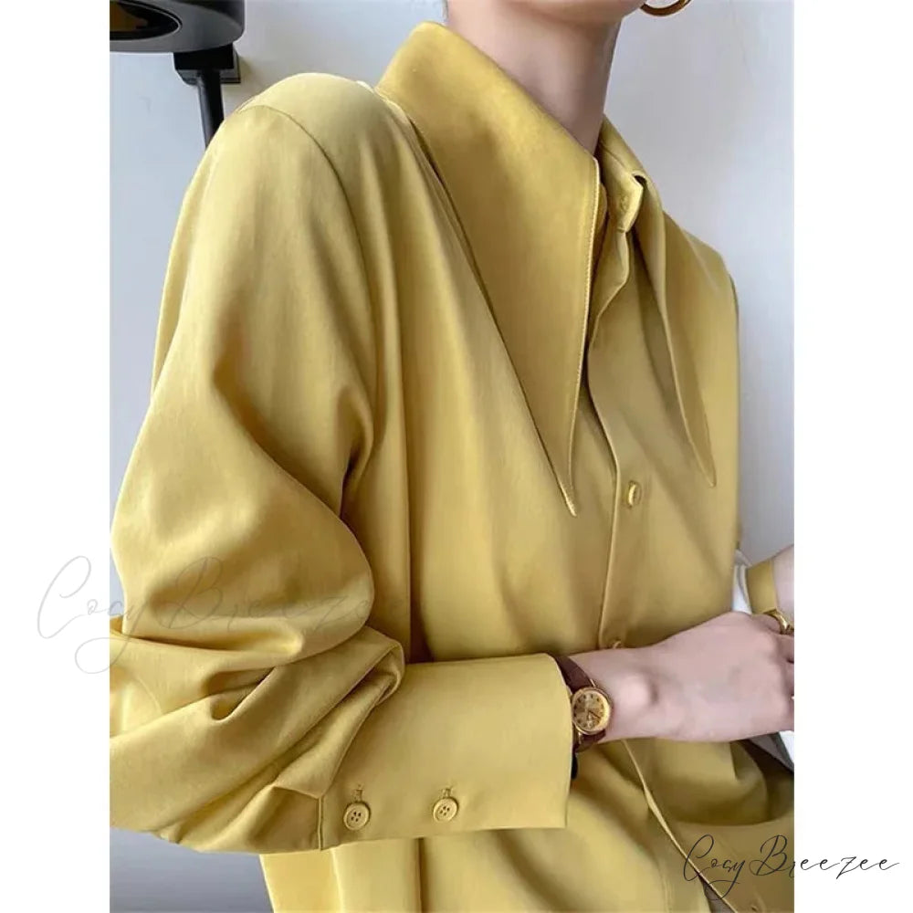 Classic Satin Silk Turn Down Collar Blouse YELLOW / S blouse-250223