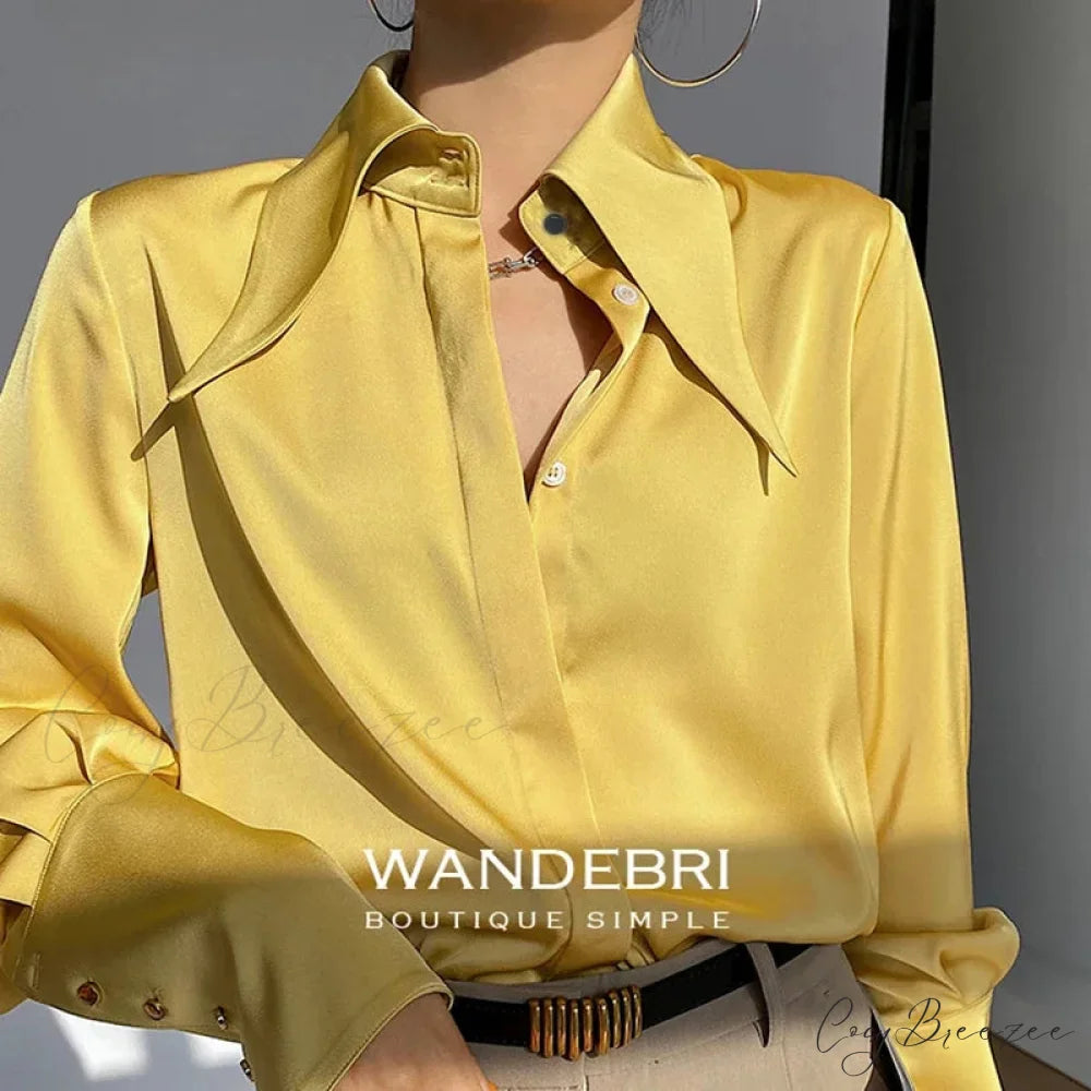 Classic Satin Silk Turn Down Collar Blouse Yellow / S blouse-250223