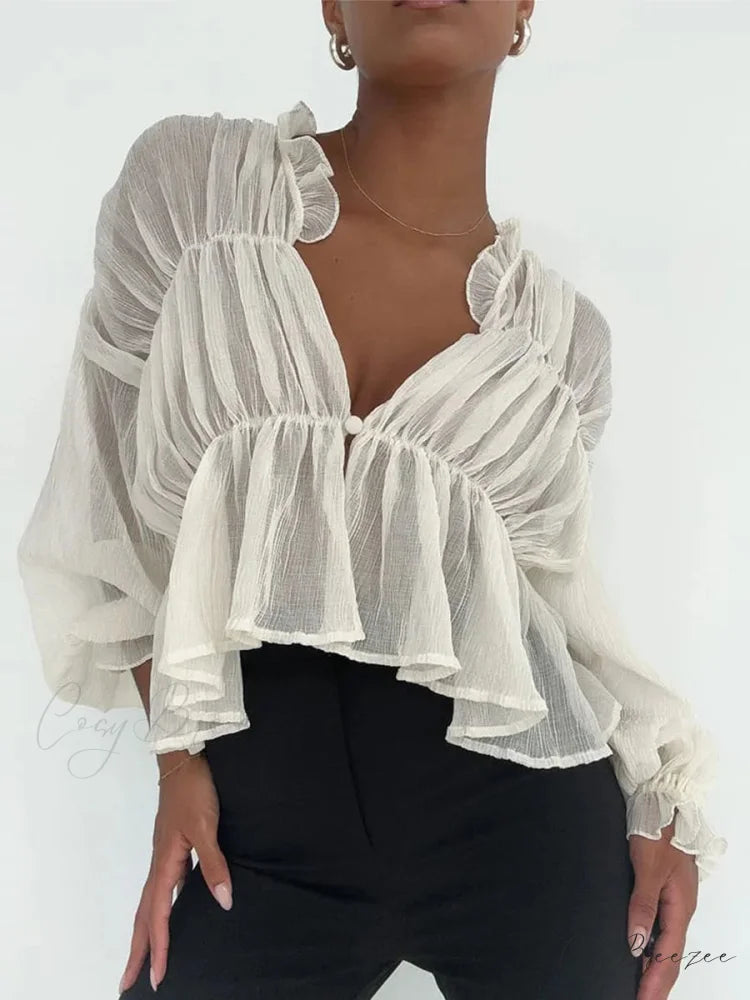 Classic Sheer Mesh Lantern Sleeve Blouse Ivory / S blouse-250223