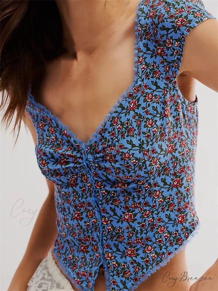 Classic Slim Fit Floral Button V-neck Crop Top Beige / S croptop-250126