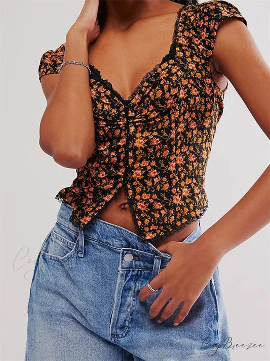 Classic Slim Fit Floral Button V-neck Crop Top Black / S croptop-250126