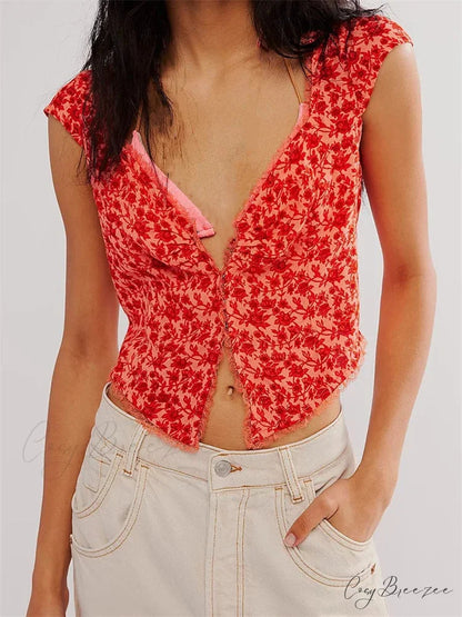 Classic Slim Fit Floral Button V-neck Crop Top Blue / S croptop-250126