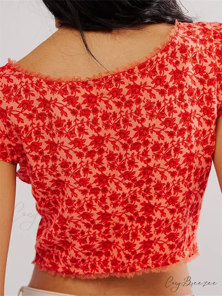 Classic Slim Fit Floral Button V-neck Crop Top croptop-250126