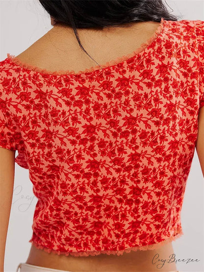 Classic Slim Fit Floral Button V-neck Crop Top croptop-250126