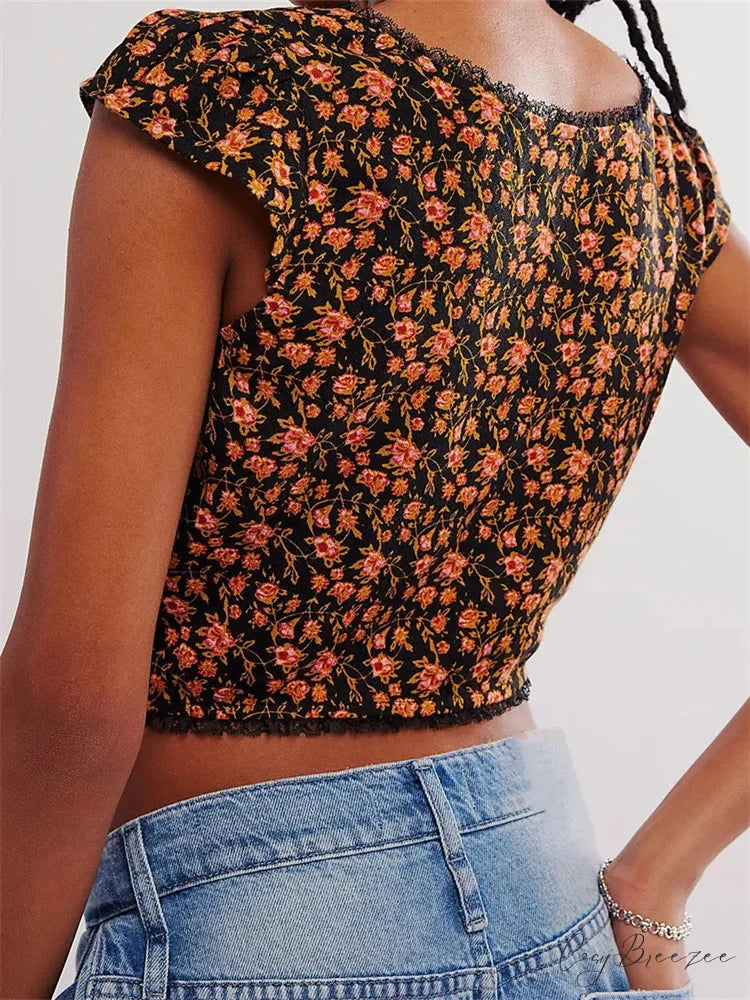 Classic Slim Fit Floral Button V-neck Crop Top croptop-250126