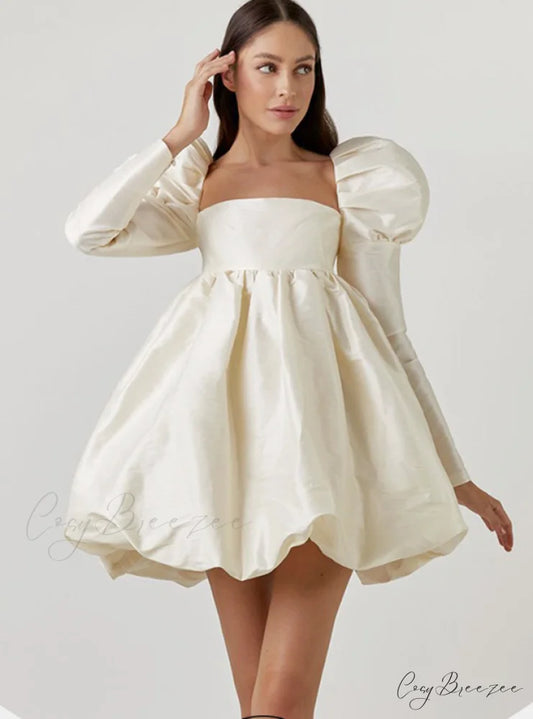 Classy Puff Sleeve Short Prom Dress - Ball Gown and Wedding S / khaki
