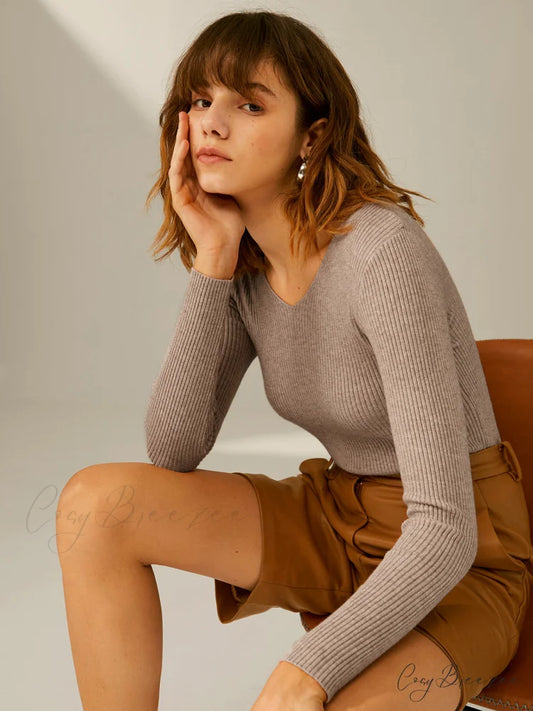 Clouds Ribbed Graceful Pullover Sweater LightKhaki / XS