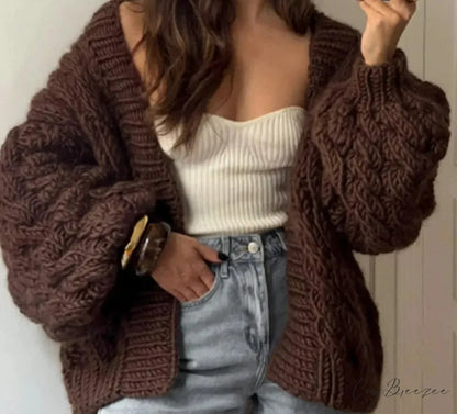 Coarse Needle V-neck Plain Cardigan Brown / S cardigans-241228