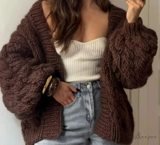 Coarse Needle V-neck Plain Cardigan Brown / S cardigans-241228