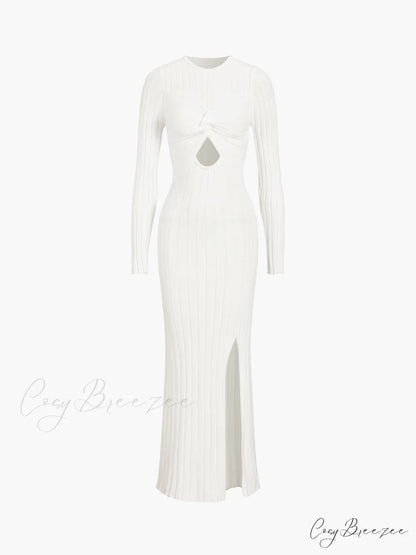 Coastal Allure Knotted Trendy Long Sweater Dress White / XS
