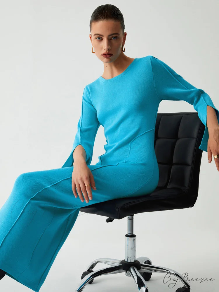 Coastal Allure Long Trendy Sleeve Long Sweater Dress Blue / XS