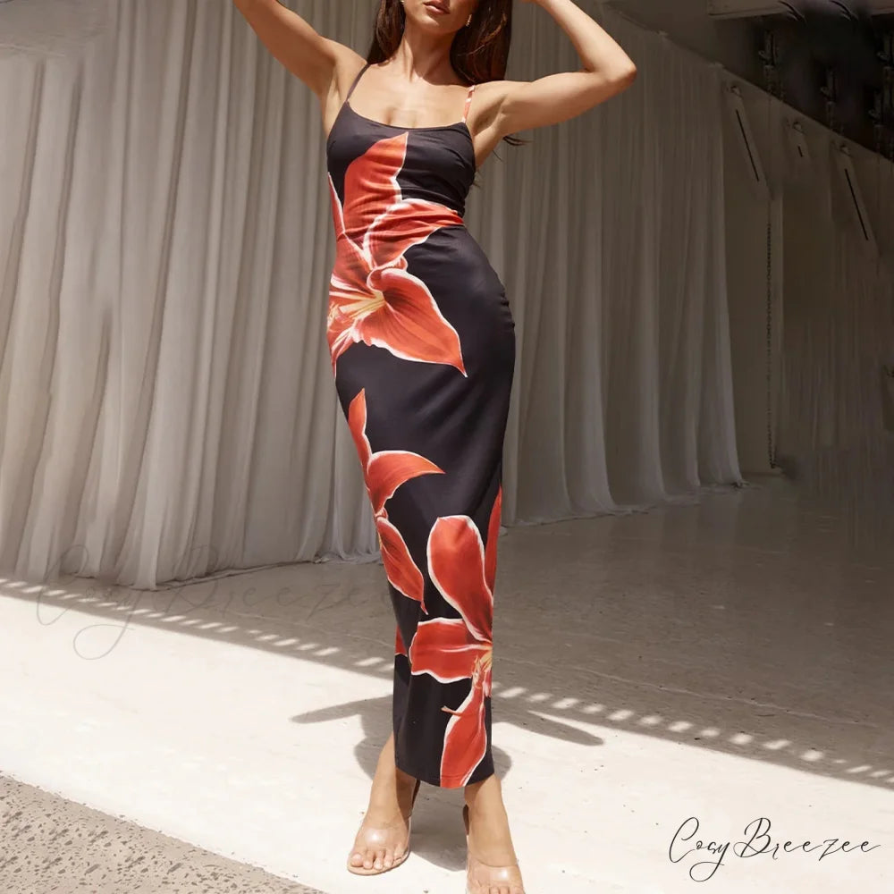 Cocktail Bodycon Floral Print Split Summer Streetwear Dress Black / S floraldress-250126