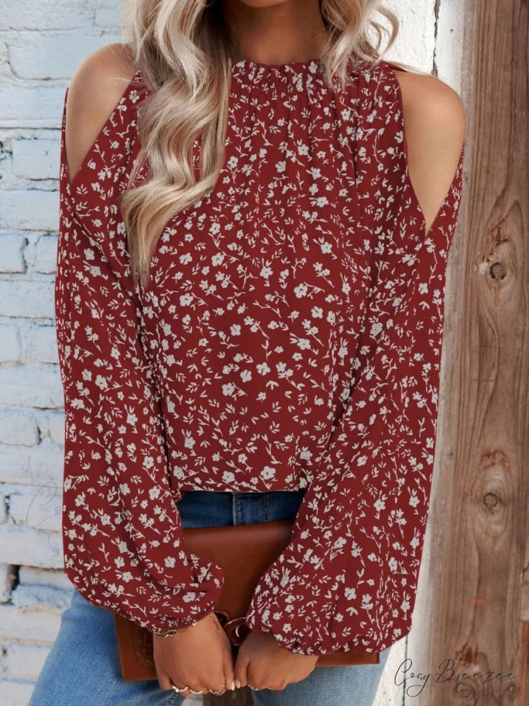 Cold-Shoulder Flowered Blouse Deep Red / S