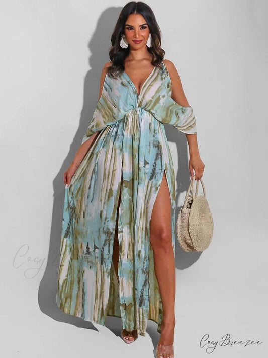 Cold Shoulder Graceful Overlay Sequins Dress Green / M