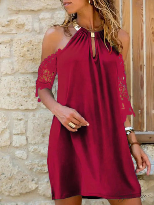 Cold Shoulder Knitted Black Modern Long Sleeve Mini Dress Red / S