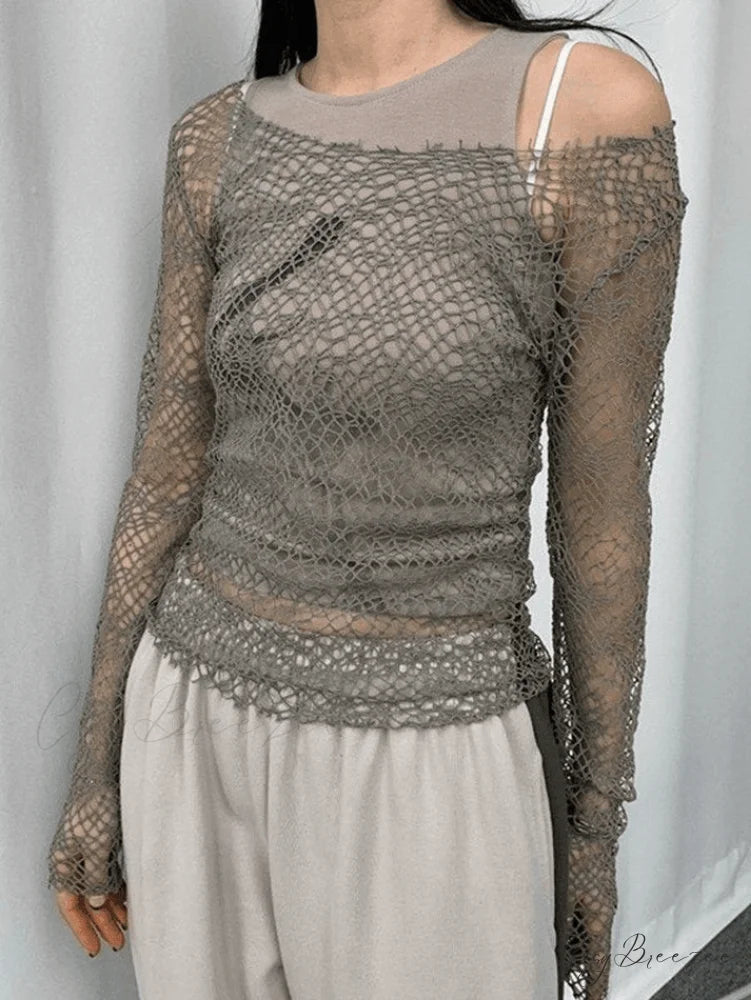 Cold Shoulder Long Trendy Sleeve Christmas Midi Dress Gray / S