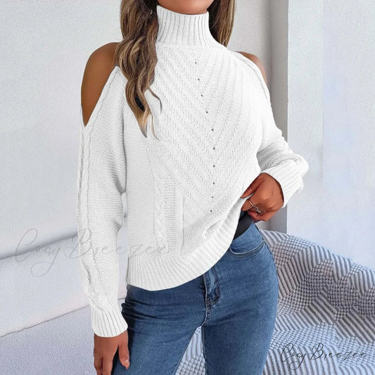 Cold Shoulder Loose Turtleneck Sweater White / S swraters-241228