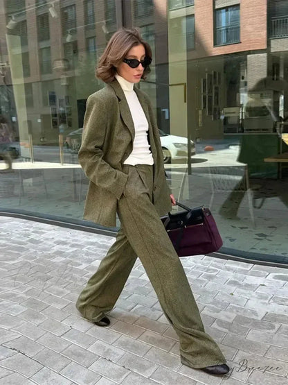 Collared Blazer Long Sleeve Pants Work Set officetwopieceset-250223