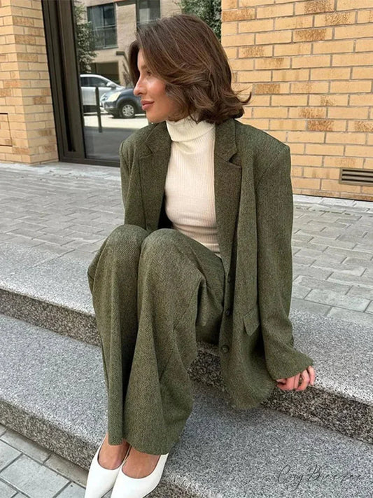 Collared Blazer Long Sleeve Pants Work Set officetwopieceset-250223