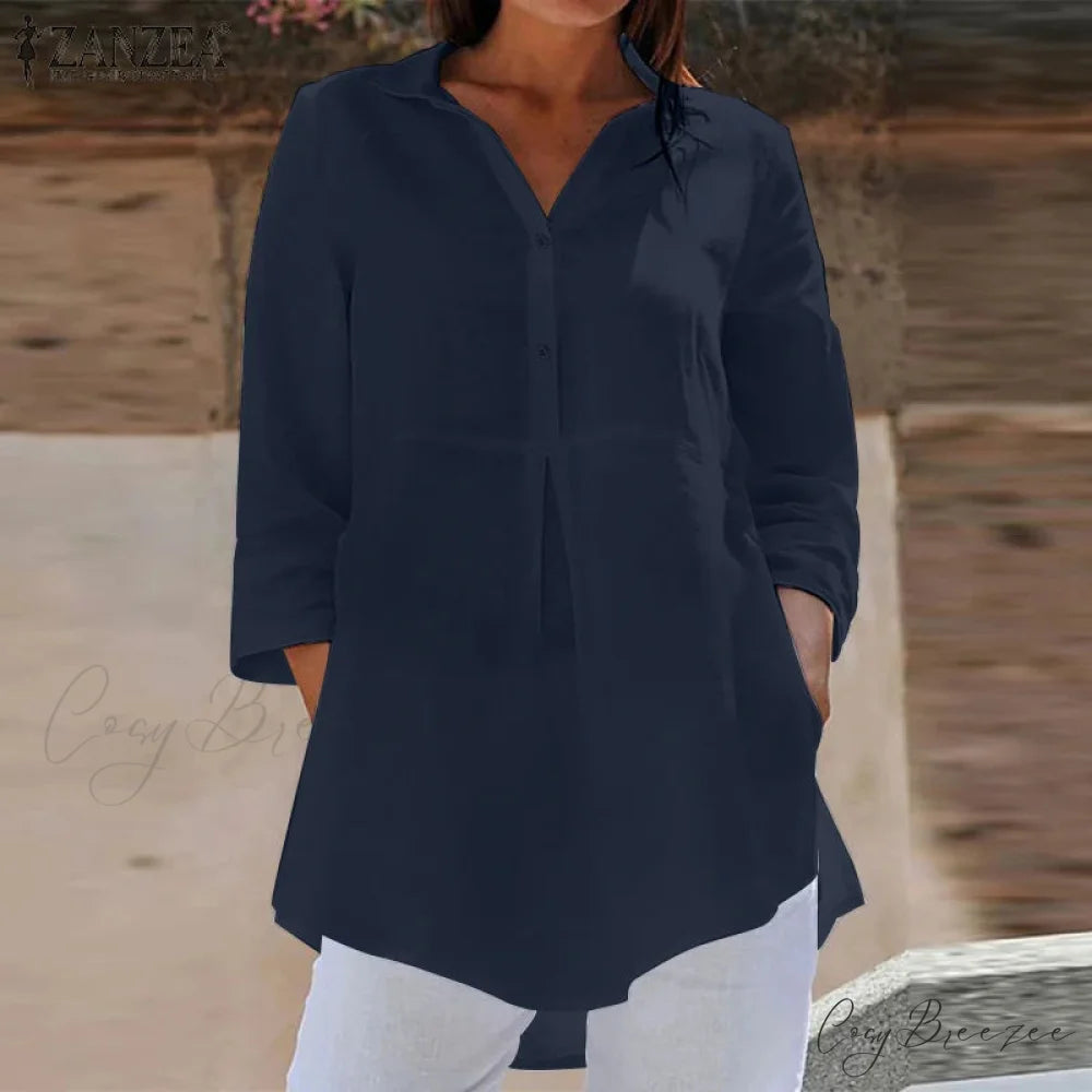Collared Three-quarter Sleeve Relaxed Buttoned Blouse blouse-250126