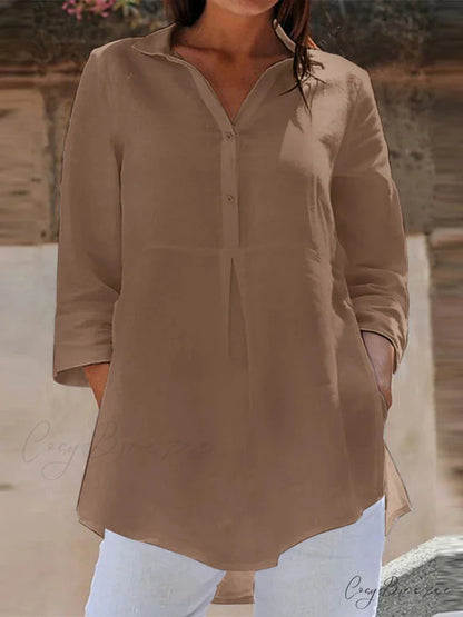 Collared Three-quarter Sleeve Relaxed Buttoned Blouse Coffee / S blouse-250126