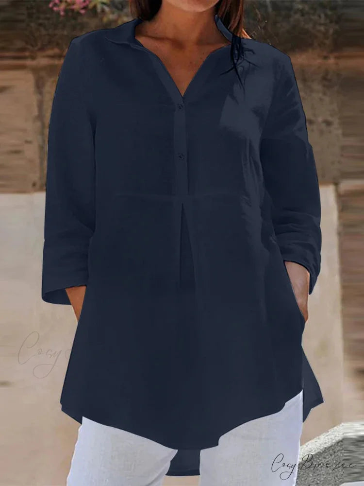 Collared Three-quarter Sleeve Relaxed Buttoned Blouse Navy / S blouse-250126