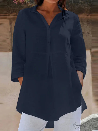Collared Three-quarter Sleeve Relaxed Buttoned Blouse Navy / S blouse-250126
