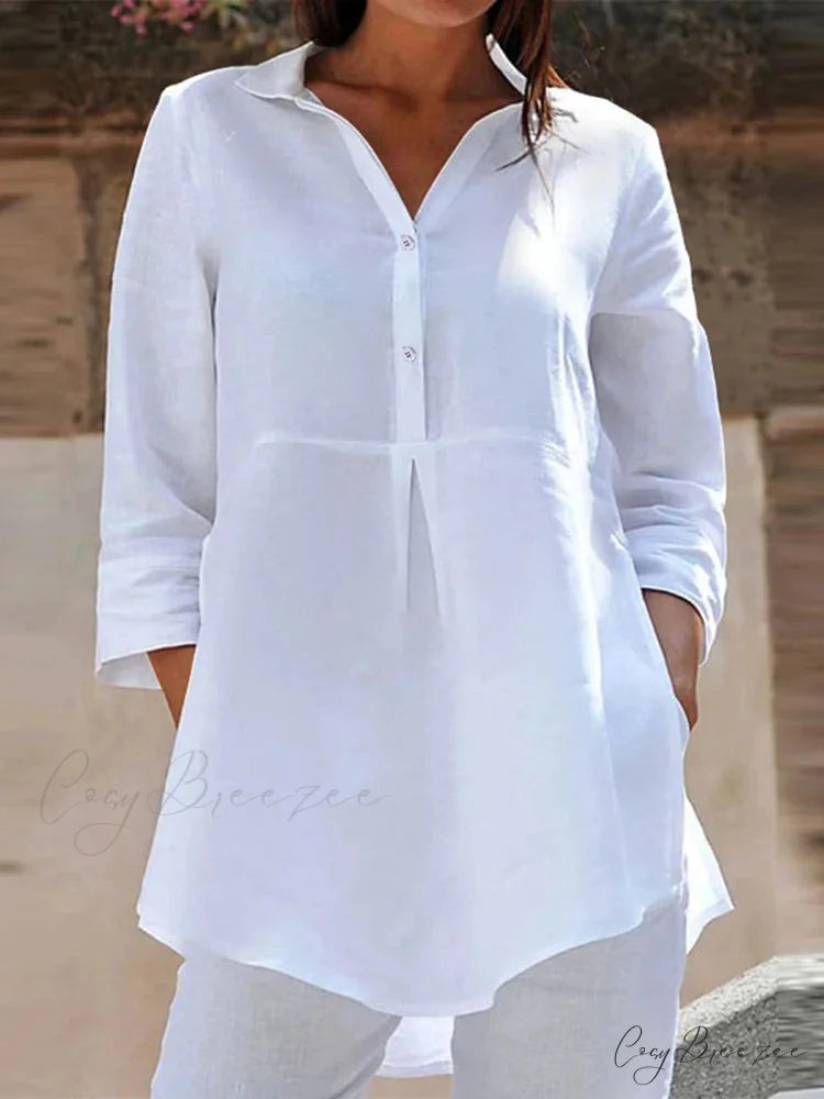 Collared Three-quarter Sleeve Relaxed Buttoned Blouse WHITE / S blouse-250126
